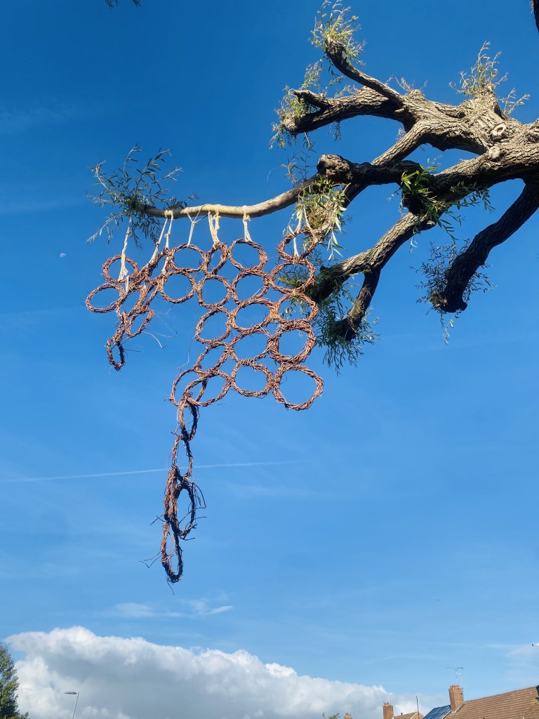 Close view of the woven ring sheet suspended from a willow branch against a blue sky.