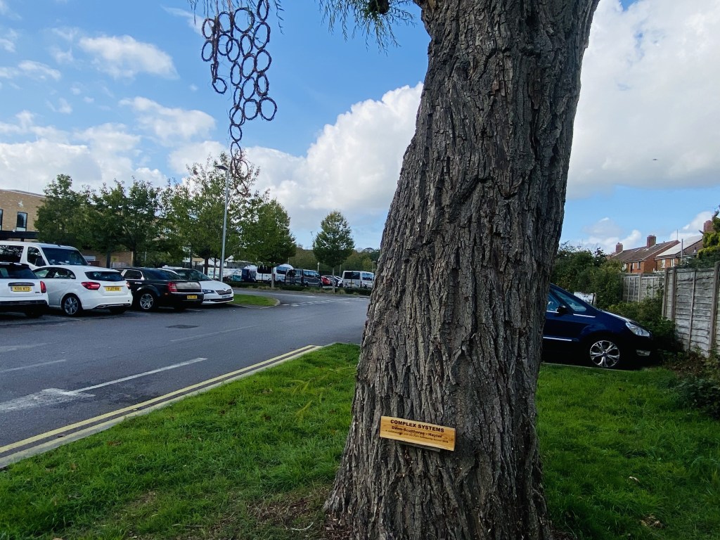 The project sign on a willow trunk, with the ring sheet hanging above the school car park.